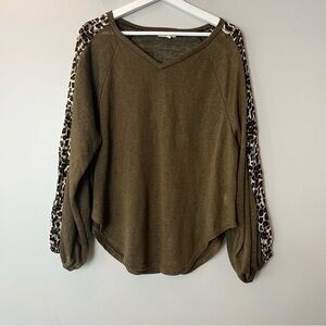 AndtheWhy Sheer Long Sleeve Green and Animal Print Top Small‎